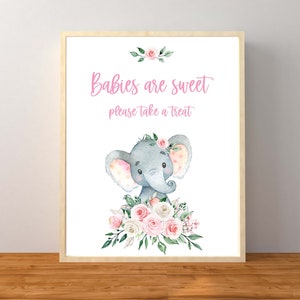 Pink Floral Elephant Babies Are Sweet Please Take a Treat Favors Sign, Girl Elephant Baby Shower Decorations, Instant Download Printable