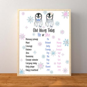 Gender Reveal Old Wives Tales Sign, 16x20 and 8x10 Printable, Penguin Gender Reveal, Gender Reveal Decorations, Penguin Printable Sign