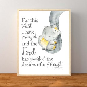 For This Child I Have Prayed Sign, 1 Samuel 1:27, Elephant Baby Shower, Yellow and Gray Elephant, Nursery Decor, Wall Art, Printable