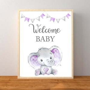 Elephant Welcome Baby Sign, Baby Shower Welcome Sign, Purple Elephant Baby Shower, Lavender Elephant Baby Shower, Instant Download Printable