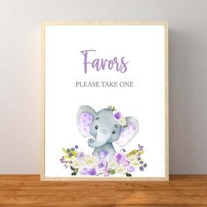 Elephant Favors sign, Floral Elephant Baby Shower, Elephant Baby Shower Favors, Lavender Elephant Baby Shower, Favors Sign, Printable