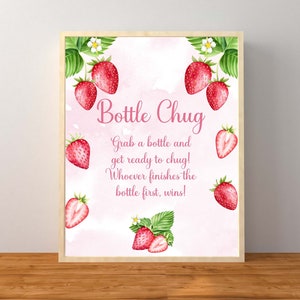 Strawberry Bottle Chug Game, Bottle Chug Sign, Pink Girl Strawberry Baby Shower Decorations, Strawberries, Instant Download Printable