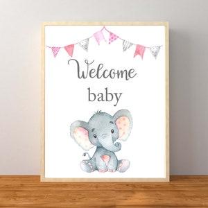 Elephant Welcome Baby sign, Welcome Baby sign, Girl Elephant Baby Shower, Elephant Baby Shower, Pink Elephant Baby Shower, Printable