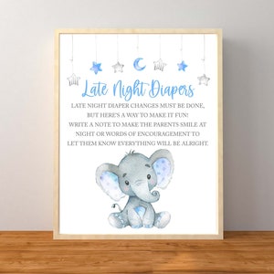 Blue Elephant Late Night Diapers Game, Blue Boy Elephant Baby Shower Decorations, Late Night Diapers Sign, Instant Download Printable