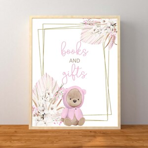 Letrero de mesa con libros y regalos de oso rosa, decoraciones para baby shower con osito de peluche rosa ruborizado, letrero para baby shower de niña, descarga instantánea imprimible