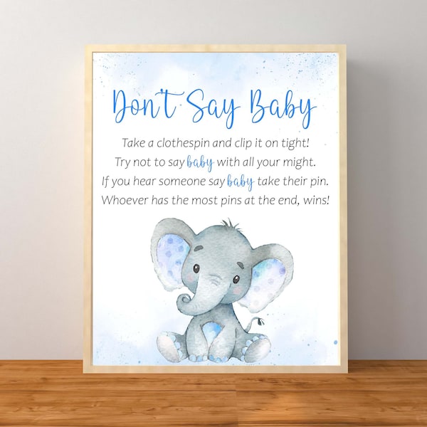 Elephant Don't Say Baby Game, Blue Elephant Baby Shower Game, Clothespin Game, Blue Boy Don't Say Baby Sign, Instant Download Printable