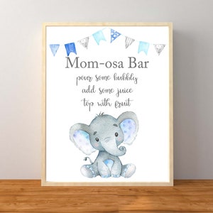 Mom-osa Bar sign, Momosa Bar Elephant Sign, Blue Elephant Baby Shower, Blue Elephant Baby Shower, Elephant Decorations, Instant Printable