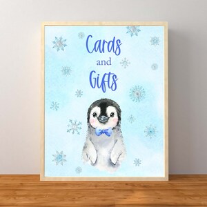 Letrero de tarjetas y regalos de pingüinos, letrero de tarjetas y regalos, baby shower de pingüinos para niños, Winter Onederland, decoraciones de Winter Onederland, imprimible