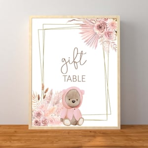 Rosa Bär Geschenk Tisch Zeichen, Teddybär-Baby-Dusche-Dekorationen, Mädchen Blush rosa Baby-Dusche Tabletop Zeichen, sofortiger Download druckbare