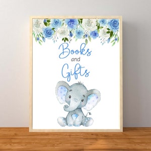 Elephant Books and Gifts Sign, Blue Elephant Baby Shower, Books Instead Of Cards, Floral Elephant Baby Shower, Instant Download Printable