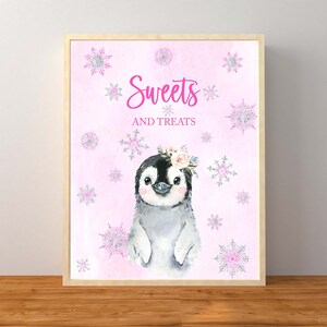 Penguin Sweets and Treats Sign, Pink Penguin Baby Shower, Penguin Favor Sign, Winter Onederland, Pink Snowflake, Instant Download Printable