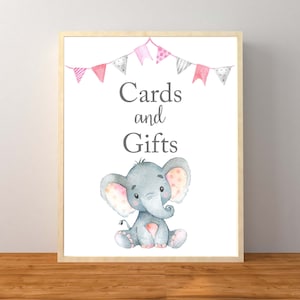 Letrero de tarjetas y regalos con forma de elefante, letrero de tarjetas y regalos, baby shower de niña con forma de elefante, libros para bebé elefante, baby shower rosa, imprimible