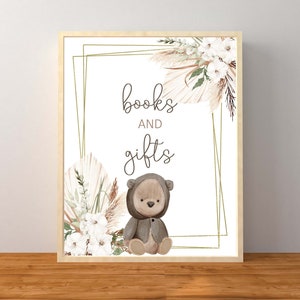 Braun Bär Bücher und Geschenke Tabletop Zeichen, Geschlecht Neutral Baby-Dusche-Dekorationen, Teddybär-Baby-Dusche-Zeichen, Instant Download druckbare