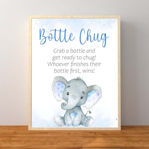 Elephant Bottle Chug Game, Blue Elephant Baby Shower Game, Boy Elephant Baby Bottle Chug Sign, Baby Bottle Game, Instant Download Printable