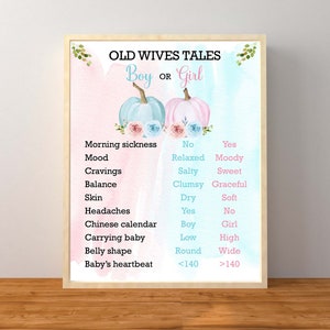 Gender Reveal Pumpkin Old Wives Tales Sign, Gender Reveal Party, Floral Pumpkin Gender Reveal Decorations, Instant Download Printable