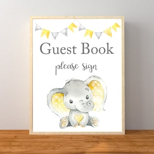Letrero de libro de visitas con elefante amarillo, decoraciones para baby shower de género neutro con elefante amarillo, baby shower de niño o niña, descarga instantánea imprimible