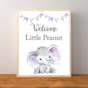 Letrero para mesa de baby shower con elefante morado y texto &quot;Bienvenidos a Little Peanut&quot;, decoraciones para baby shower con elefante de niña lavanda, descarga instantánea para imprimir