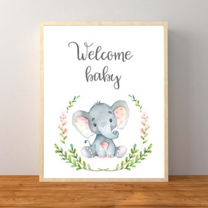 Welcome Baby Sign, Elephant Welcome Baby sign, Girl Elephant Baby Shower, Elephant Baby Shower, Pink Elephant Baby Shower, Printable