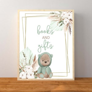 Letrero de mesa con libros y regalos de osos verdes, decoraciones para baby shower de género neutro, letrero de osito de peluche para baby shower, descarga instantánea imprimible