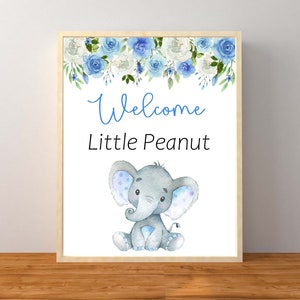 Elephant Little Peanut Sign, Welcome Baby Sign, Blue Elephant Baby Shower, Floral Elephant Baby Shower, Instant Download Printable