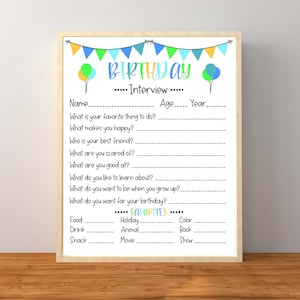 Birthday Interview, Kids Birthday Questionnaire, Annual Birthday Interview, Blue Kids Questionnaire, Keepsake, Instant Download, Printable
