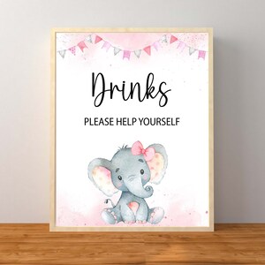Pink Elephant Drinks Sign, Pink Elephant Baby Shower Decorations, Elephant Girl Baby Shower Tabletop Sign, Instant Download Printable