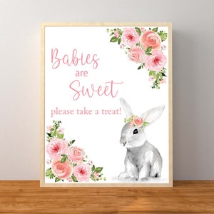 Bunny Babies Are Sweet Please Take a Treat Sign, Pink Floral Bunny Baby Shower Decorations, Rabbit Baby Shower, Instant Download Printable