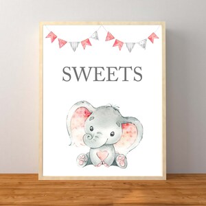 Pink Elephant Sweets Sign, Girl Elephant Baby Shower, Elephant Baby Shower Decorations, Sweets and Treats, Instant Download Printable