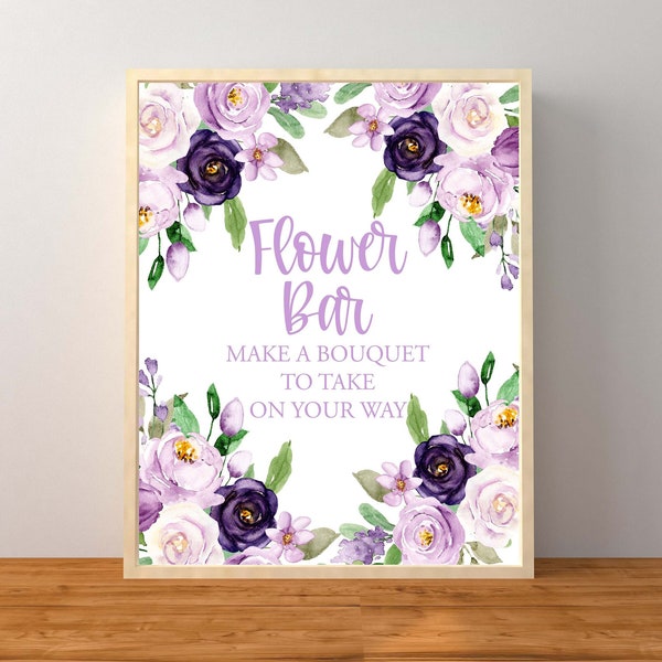 Purple Floral Flower Bar sign, Bouquet Bar Sign, Purple Flower Bridal Shower, Lavender Bridal Shower Decorations, Instant Download Printable
