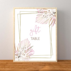 Placa de mesa de presente Pink Pampas, decorações de chá de bebê de praia rosa, placa de mesa de chá de bebê rosa blush, praiano, download instantâneo para impressão
