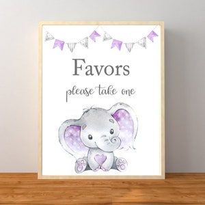 Elephant Favors sign, Girl Elephant Baby Shower, Elephant Baby Shower Favors, Purple Elephant Baby Shower,  Favors Sign, Printable