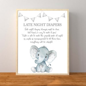 Elephant Late Night Diapers, Gray Elephant Baby Shower, Late Night Diapers Sign, Gender Neutral Baby Shower, Instant Download Printable