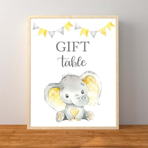 Gift Table Sign, Elephant Gifts Sign, Yellow Elephant Baby Shower Decorations, Gender Neutral Baby Shower, Instant Download Printable