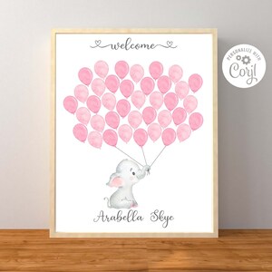Elephant Baby Shower Guest Sign, 3 Sizes, Editable Sign, Pink Elephant Guest Book Sign, Corjl Editable Template, Instant Download Printable