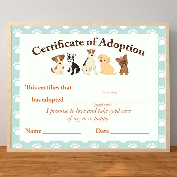 Dog Adoption Certificate Printable Etsy