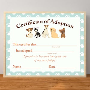 Afdrukbaar puppy, puppyfeestje jongen, verjaardagsfeestje puppy, certificaat van adoptie puppy, hondenversieringen, hond adopteren, afdrukbaar