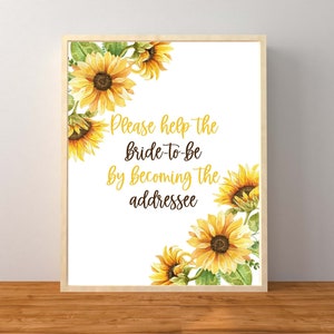 Por favor, ayude a la futura novia convirtiéndose en el destinatario, decoraciones de ducha de girasol, letrero de destinatario de girasol, descarga instantánea imprimible