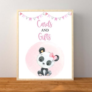 Bordje pandakaarten en cadeaus, roze panda babyshower, bord cadeau tafel, babyshower decoraties, panda decoraties, afdrukbare instant download