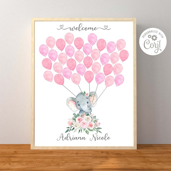 Elephant Baby Shower Guest Sign, Editable Sign, Pink Floral Elephant Guest Book Sign, Corjl Editable Template, Instant Download Printable