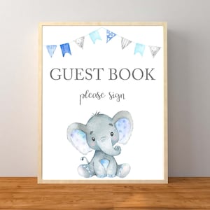 Blauer Elefant-Gästebuch Zeichen, Junge Elefant-Baby-Dusche-Dekorationen, Baby Elefant, Gästebuch Tabletop Zeichen, sofortiger Download druckbare