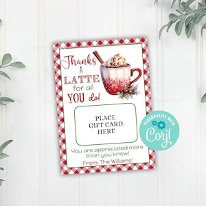 Titular de tarjeta de regalo de café de Navidad editable, vacaciones gracias una etiqueta de tarjeta de regalo de café con leche, invierno, plantilla editable Corjl Descarga digital imprimible