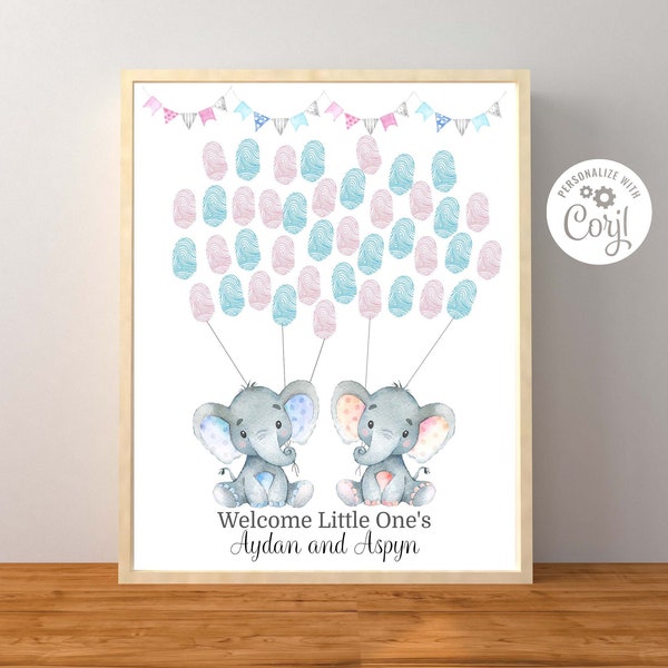 Twin Elephant Guest Book Thumbprint Sign, Twin Elephant Baby Shower Guest Sign, 3 Sizes, Corjl Editable Template, Instant Download Printable