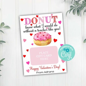 Porta-cartão de presente editável para o dia dos namorados do professor, etiqueta de cartão-presente donut, presente do professor, modelo editável Corjl, download digital para impressão