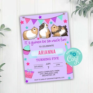 Purple Guinea Pig Birthday Party Invitation, Girls Guinea Party Invitation, Corjl Editable Template, 5x7 inch, Instant Download Printable