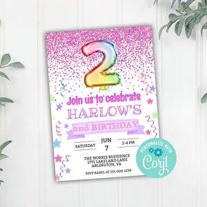 Girls Second Birthday Party Invitation, Girl 2nd Birthday Editable Invitation, Corjl Editable Template, 5x7 inch, Instant Download Printable