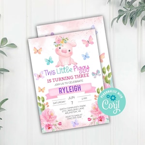 Pink Pig Birthday Party Invitation, Girls Floral Farm This Little Piggy Invitation, Corjl Editable Template, Instant Download Printable