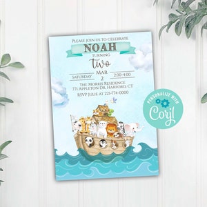 Editable Noah&#39;s Ark Birthday Party Invitation, Boy Blue Noahs Ark Animal Invitation, Corjl Editable Invitation Template Printable Download