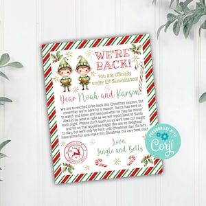 Carta de regreso de los elfos navideños para niños, plantilla de carta de llegada de elfos, carta de saludo para niños de un elfo, plantilla editable de Corjl para imprimir y descargar