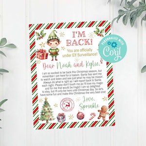 Carta de Natal do Elfo Estou de Volta para as Crianças, Modelo de Carta de Chegada do Elfo, Carta de Olá para Crianças do Elfo, Modelo Editável Corjl Download para Impressão