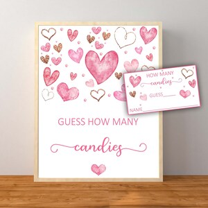 Hart Raad eens hoeveel snoepjes spel, Valentijnsdag snoep raadspel, roze en rosé gouden hart decoraties, Instant Download afdrukbaar
